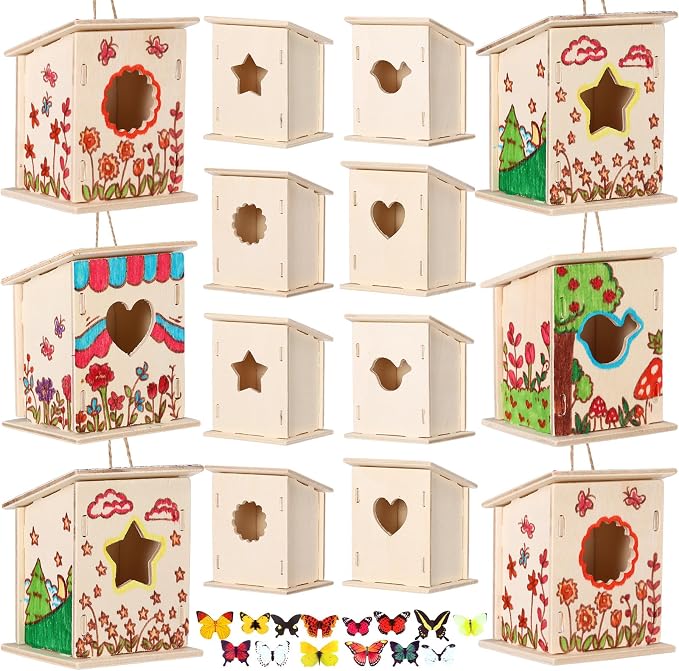 Outus 24 Pcs Wooden DIY Birdhouse Kits for Kids to Build, 4 Shapes Birdhouse Kit Wooden Unfinished with Butterfly Sticker for Boy Girl Arts Crafts(Classic)