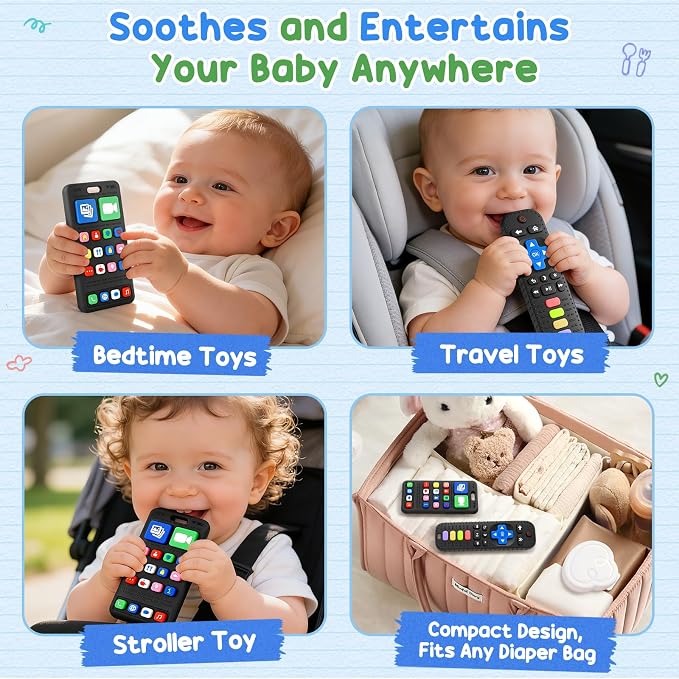 2 Pack Baby Teething Toys 3-6 6-12 Months, Sensory Silicone Phone and Remote Teether Toys for Teething Relief, Infants Newborn Chew Toys 6-18 Months for Sucking Needs, Shower Birthday Gifts
