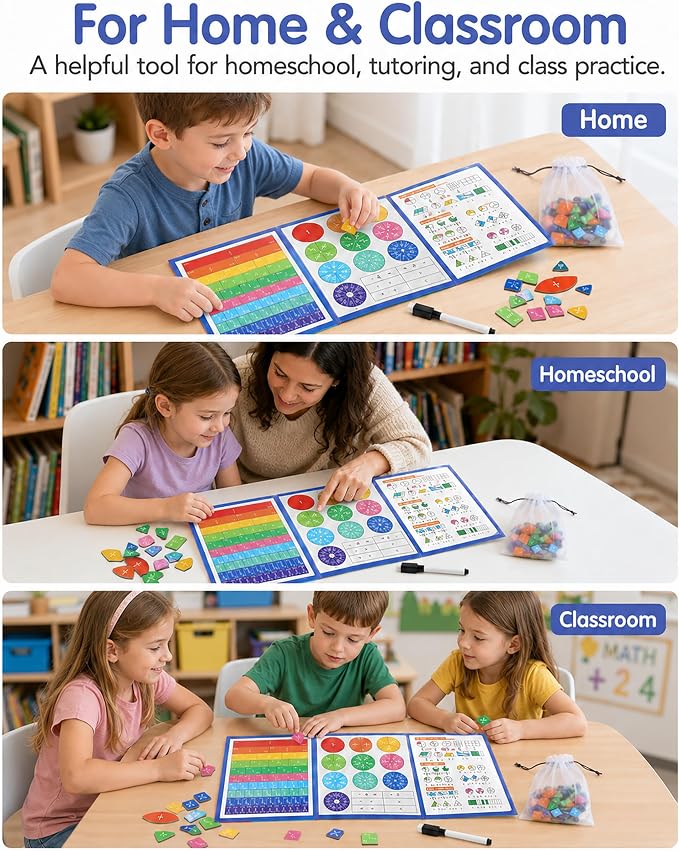 Magnetic Fraction Demonstration Book, Magnetic Fraction Tiles & Circles Educational Puzzle Set, Montessori Fraction Playbook for Kids, Math Manipulatives for Elementary School