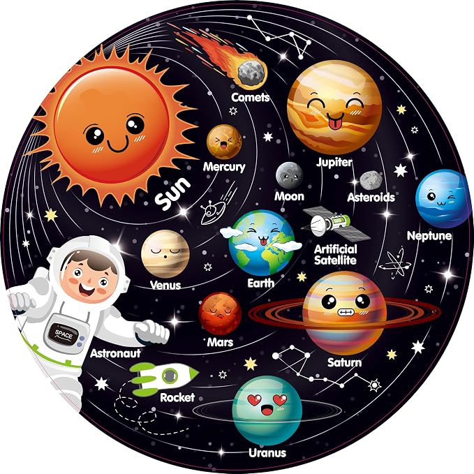Puzzles for Kids Ages 4-6, Solar System Planets Flash Cards & Astronaut Figures & Satellite, 70 Piece Round Large Floor Jigsaw Puzzles, Educational Toy Gift for Ages 3 4 5 6 7 8 10 Year Old Boys Girls