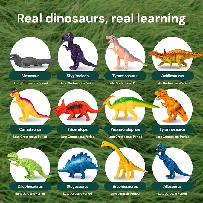 PLAYVIBE Dinosaur Toys - 12 Realistic 9-Inch Models, Multi-Color, Metal Storage Box - Dinosaur Figures & Action Figures for Kids Ages 3-7 - with Metal Storage Box - for Boys & Girls