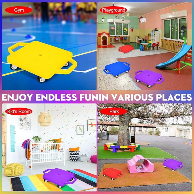 4 Pcs Sports Scooter Board with Handles Sitting Scooter Board Colored Plastic Casters Sport Floor Scooter Board Children Gym Indoor Outdoor Activities Play Equipment
