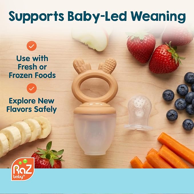 RaZbaby Baby Solids & Frozen Fruit Feeder Pacifier, Infant Teether Toy 6M+, BPA-Free Silicone Pouch & Nipple, Safely Introduce Solids, Natural Teething Relief, Dishwasher Safe, Freezable – Deer