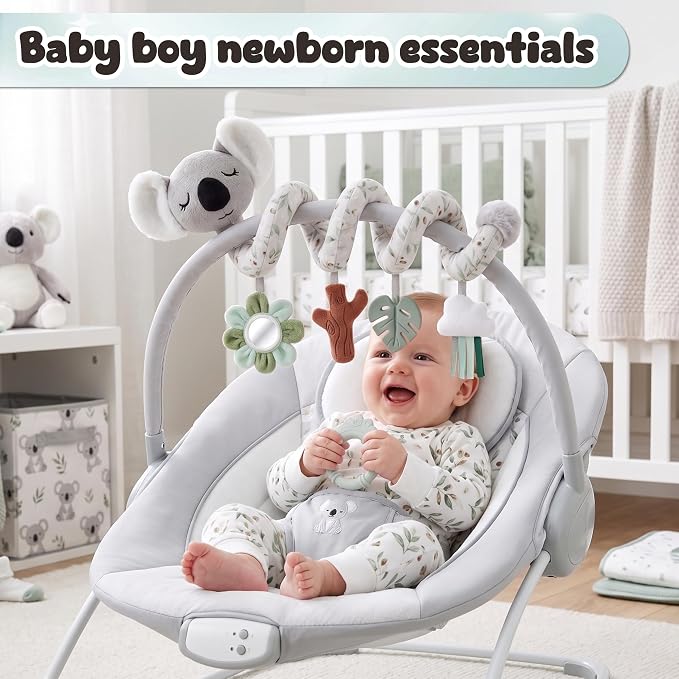 Stuffed Aesthetic Koala Spiral Car Seat Toys for Babies, Gender Neutral Infant Stroller Toy with Teether Hanging, Baby Registry Search Must Haves 0-6 Months