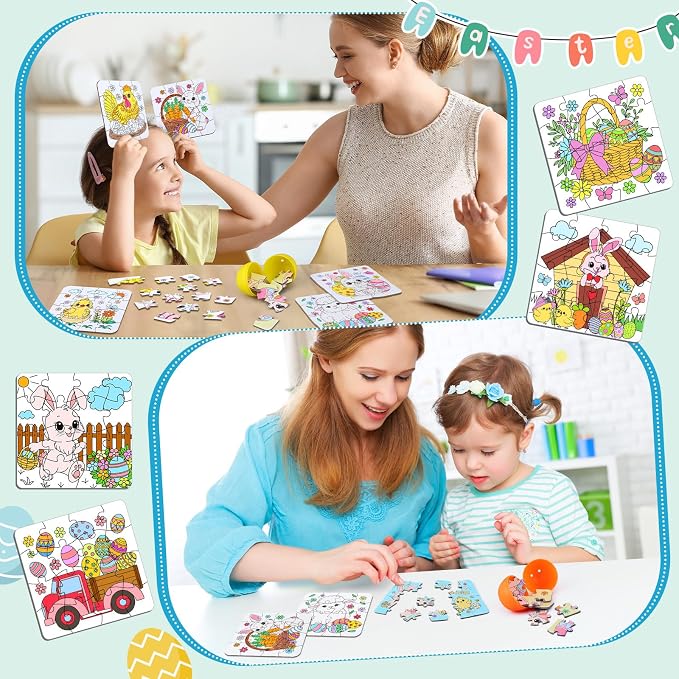 Realspring 24 Set Easter Eggs Jigsaw Puzzle for Kids Egg Hunt Game 24 Mini Bunny Puzzles DIY Coloring Paper Jigsaw Easter Eggs Basket Stuffers Fillers for Party Favors Classroom Exchange Reward School