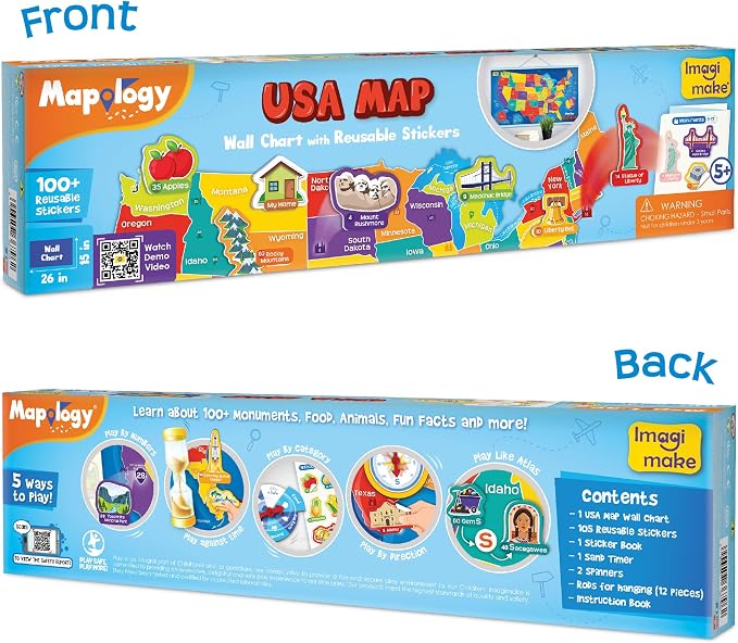 Imagimake Mapology USA Map with Reusable Stickers | 100+ Jelly Stickers | Classroom Geography Games & Learning Kids Toys Age 5-8 | Gifts for Boys & Girls Age 5,6,7,8,9,10,11,12 Years Old