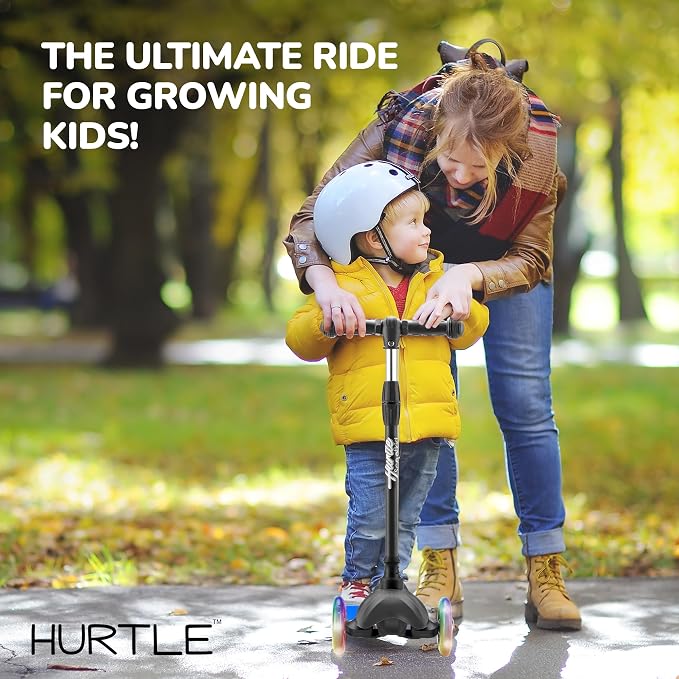 Hurtle Mini Kickboard 3 Wheel Scooter for Kids Ages 2-5 - Lean-to-Steer Toddler Scooter with Light-up LED Wheels, Adjustable Height & Rear Foot Brake for Boys. & Girls, Anti-Slip, Indoor/Outdoor
