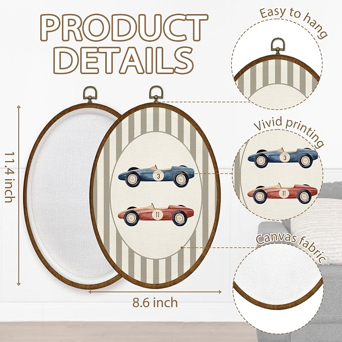 WULQYING Vintage Race Car Boy Nursery Wall Art Decor, Kids Oval Framed Canvas Art Prints, Neutral Striped Car Vehicle Wall Hanging Decor for Kids Toddler Boy Nursery Room Playroom, 8.5x11.4 Inches