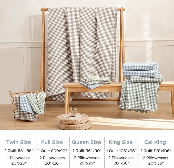 TOCOMOA Blue Gingham Quilt Bedding Set 100% Washed Cotton Bedspread Coverlet Like Linen Feel Soft Comfy Breathable 3 Piece Plaid Checkered Lightweight Comforter Set for All Season, Twin 68"x86"