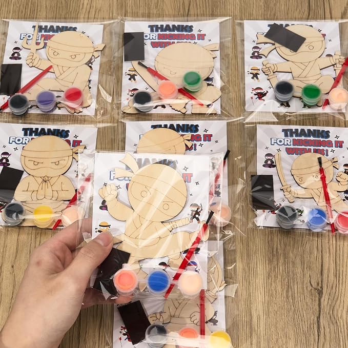 Bafeil 24 Set Ninja Party Favors - Paint Your Own Wooden Magnets Painting Kit for Birthday Party Decorations Party Supplies with Card, Goodie Bag Stuffers Back to School Classroom Return Gift