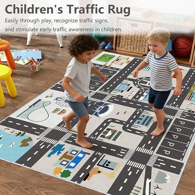 Car Rug Play Mat Road Rug,Kids Carpet Playmat Rugs City Life Great for Playing with Cars and Toys,Children Educational Race Track Rugs with Non-Slip Rubber Backing for Playroom Bedroom Classroom