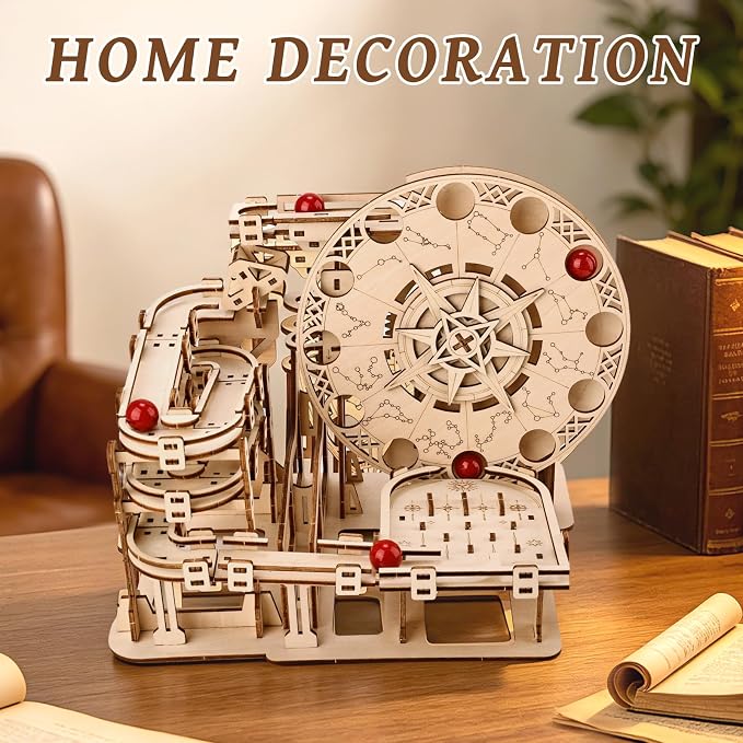 3D Wooden Puzzles for Adults Marble Run Model Building Kit, 178pcs Astrolabe Sphere with Red Marbles, DIY Craft Hobby Set, Creative Mechanical Puzzle Gift for Adult & Teens