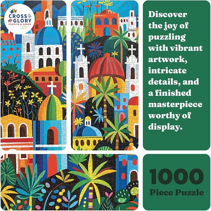 Cross & Glory - Vivid Vistas of Mexico - 1000 Piece Jigsaw Puzzle for Adults | Vibrant Folk Art Puzzle | Best New Mexican City Puzzle | Eco-Friendly & Challenging
