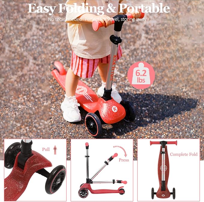 Kicknroll Kids Scooter Light Up 3 Wheel Toddler Kick Scooters with Jelly Glitter Anti-Slip Deck and LED Wheels, 4 Adjustable Heights, Foldable, Lean-to-Steer Design for Girls & Boys 3-12 Max 110 Lbs