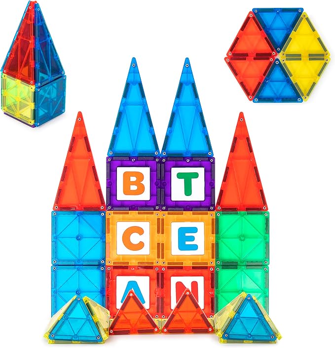 Playmags Magnetic Tile Set, 32-Piece Magnets Building Blocks for Kids, Bonus Clickins ABC Tiles -– STEM Learning Toys for Kids – Strong, Durable, Educational Magnet Blocks for Creative Plays
