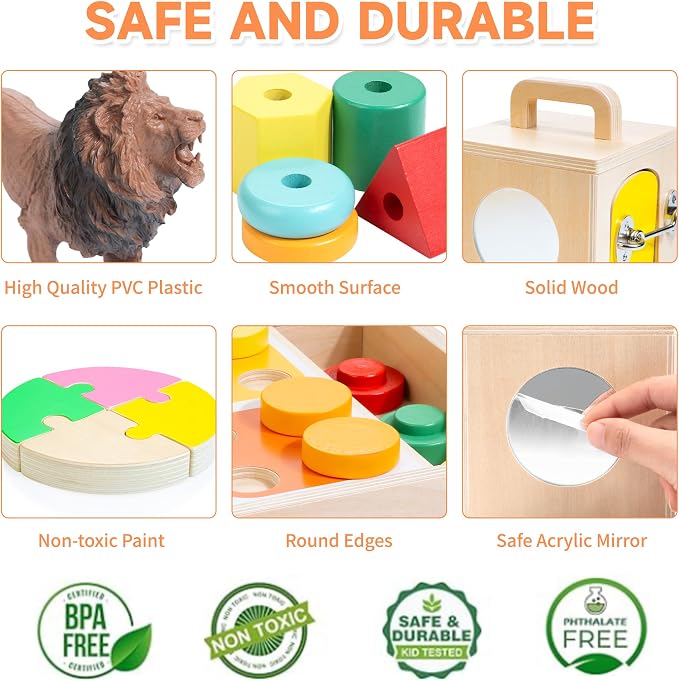Montessori Toys for 1 2 Year Old, 9 in 1 Wooden Toddler Educational Set, Includes Lock Box, Puzzle, Color Sorting Board, Lacing Beads, Shape Sorter & Animal Figures, Gift for 19-24 Months Boy & Girl