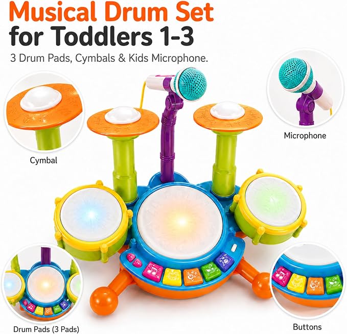 Toddler Drum Set for Toddlers, Baby Drum Set with Microphone & Lights, Kids Musical Instrument Toy for Boys Girls, Birthday Gift, Toddler Music Toy, Early Learning Toy