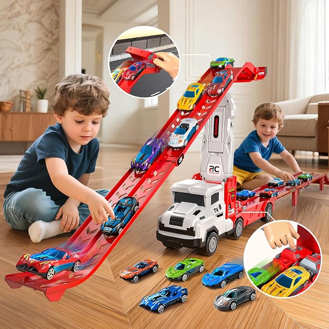 Transport Truck Toys for 3 4 5 6 7 Years Old Boys,Toys Cars Track Set Transporter Trucks with 12 Die-Cast Car Toys 2 Race catapults Dual-Track Model,Toddler Car Toy Set for Kids Boys Girls