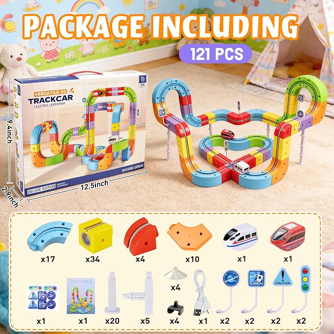 Electric Train Set for Kids 3–8, 121PCS/2 Car, 3D Infinity Racer Magnetic Train Sets with Motorized Train, STEM Building Train Tracks for Creative Learning, Electric Train Set Gift for Boys and Girls