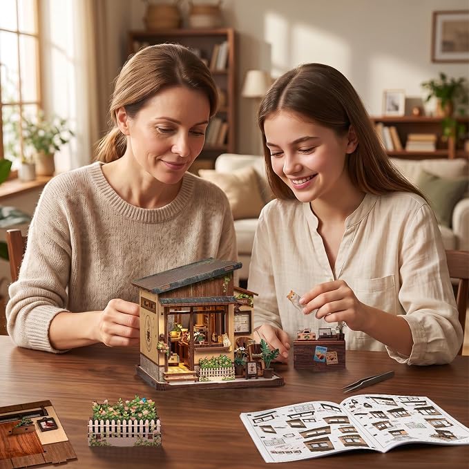 Cutebee DIY Miniature House Kit Japanese Coffee Shop Dollhouse for Adults | 3D Wooden Puzzle Model Building Kit with LED Lights, 262 Pcs Tiny House DIY Craft Home Desk Shelf Decor Gift Kissa Coffee