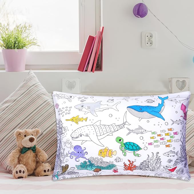Mindsoft Coloring Craft Coloring Pillowcase Ocean Pillowcase with 12 Pcs Markers Pens for Decoration Supplies Craft, 28.7 x 19.7 Inch
