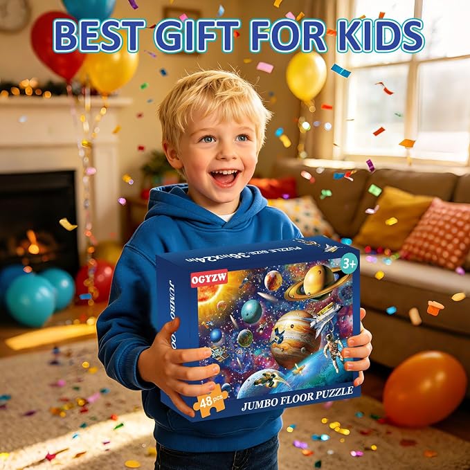 Jumbo Floor Puzzle for Kids Ages 4-6, 48 Piece Large Solar System Planet Jigsaw Puzzles for Kids Ages 3-5, Preschool Educational Learning Space Toys Gift for Boys & Girls