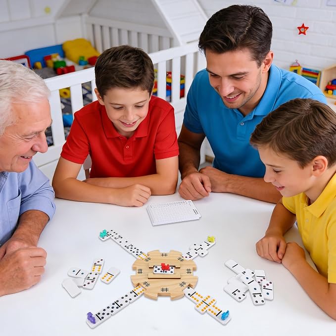 GOTHINK Mexican Train Dominoes Accessories Set - Large Size Pine Hub, 9 Colorful Metal Markers, 50-Sheet Score Pads*2