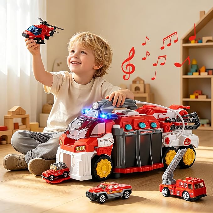 CUTE STONE Extra Large Fire Truck with Sprinkler Pump, Ladder, Lights & Sounds, Firefighter Fireman Engine Truck Car Toy, Birthday Gifts for Grandkids