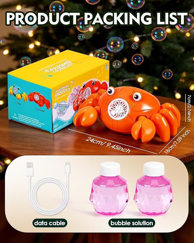 Crab Bubble Machine for Kids, Rechargeable 360-Degree Moving Bubble Maker with Lights and Music, Obstacle Avoidance, USB-C Cable, 2 Bubble Solutions, Outdoor Birthday Toy Ages 3+