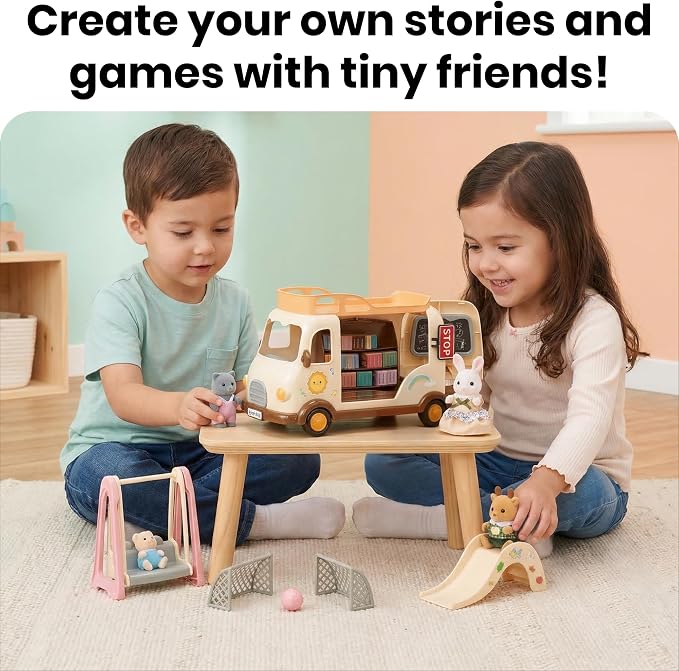 Family School Bus Toy — Mobile Classroom Playset with Bookshelf, Slide, Swing & Soccer Goals, Dollhouse Pretend Play Vehicle, Gift for Kids Ages 3+