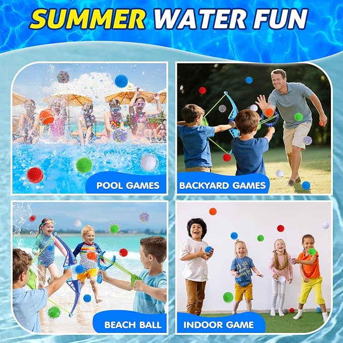 Reusable Water Balloons Set For Kids Outdoor, 2 pcs Bow and Arrow Ball Sets & 2 Slingshot Launcher with 24 Soft Water Balls, Pool Beach Yard Water Fight Fun, Summer Water Toys for Boys Girls Adults