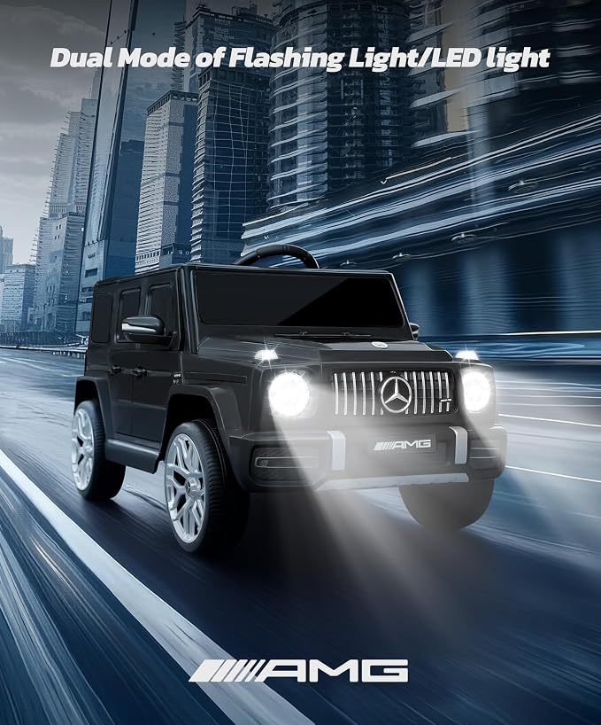 ELEMARA Licensed Mercedes-Benz AMG G63 Ride on Toys,12V Ride on Car with Remote Control,Rechargeable Battery,Flickering Lights/LED Lights, Bluetooth,Music, Soft Start, Low Battery Prompt,Dark Black