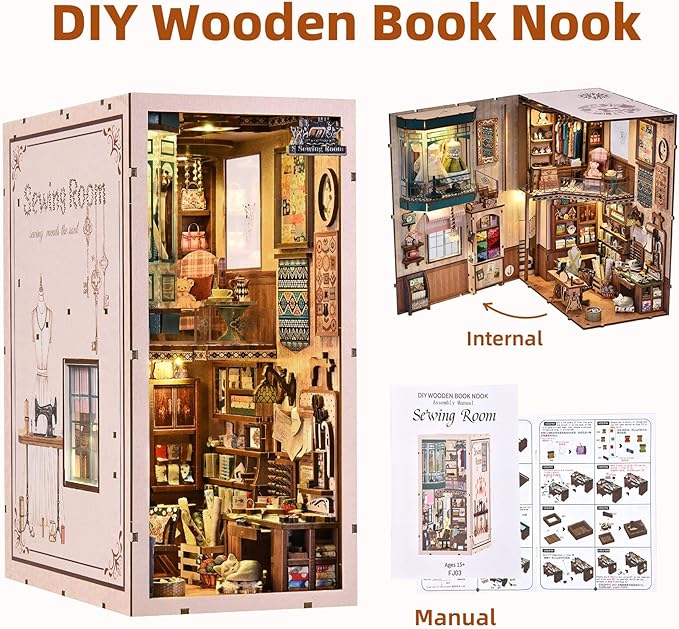 fifijoy Book Nook Kit - Sewing Room DIY Miniature House Dollhouse Kit for Adults and Teens, Booknook Tiny House Bookshelf Decor 3D Wooden Puzzle, Gifts for Family and Friends