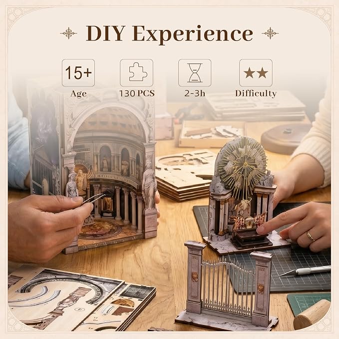 2 PCS DIY Wooden Dollhouse Kit, Architecture Miniature with LED Light Dust Cover, Easy Assembly Creative Craft for Adults Bookshelf Decor (St. Charles Church & Pantheon)