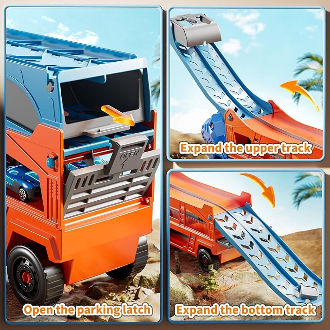 Race Track Truck Toys for 3 4 5 6 7 8 Years Old Boys, 2-Tier Storage Carrier Vehicle Playset with 12 Die-Cast Racing Car Toys, Car Ramps, Birthday Gifts for Toddlers Kids Girls Age 3-5 4-8