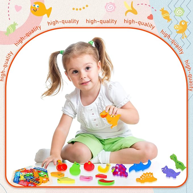 Jerify 5 Pack Wooden Tangram Puzzle for Kids Dinosaur Wooden Hexagon Puzzle Animal Block Teaser Geometric Shapes Fruit Tangram Games for Boys Girls Toddler 1-3 Jigsaw 3D Logic IQ Game Gift