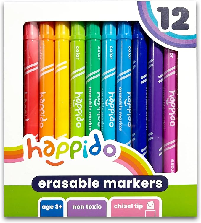 International Arrivals Double Sided Erasable Marker Sets for Kids Happido, Set of 12 Chisel Tip Non Toxic Markers, Great School Supplies, Art and Stationery Set