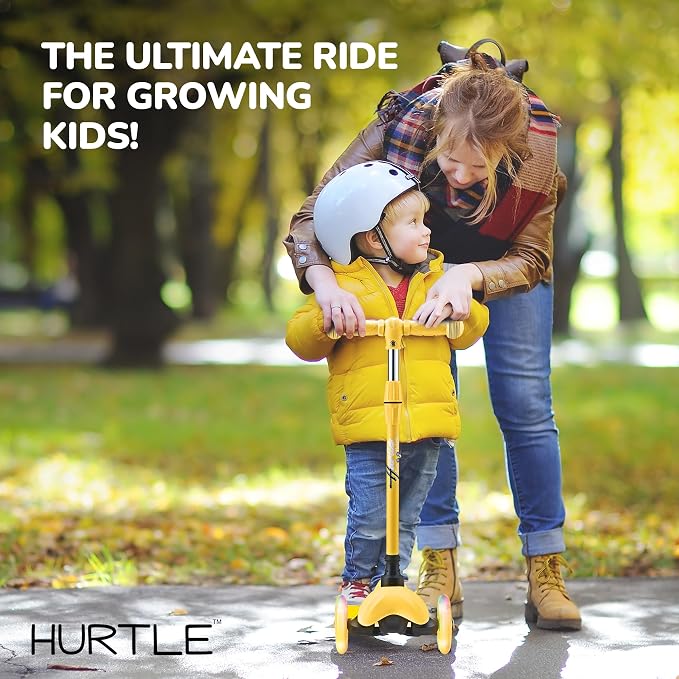 Hurtle Mini Kickboard 3 Wheel Scooter for Kids Ages 2-5 - Lean-to-Steer Toddler Scooter with Light-up LED Wheels, Adjustable Height & Rear Foot Brake for Boys. & Girls, Anti-Slip, Indoor/Outdoor