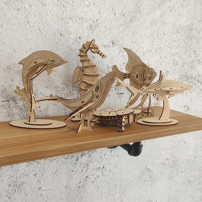 3D Wooden Sea Animal Puzzle - 6 Piece Set Wood Sea Animals Skeleton Assembly Model Kits - Wooden Crafts DIY Brain Teaser Puzzle - STEM Gifts for Adults & Teens Birthday Gifts Christmas