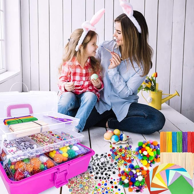 kortes Art and Craft Supplies for Kids, Toddler DIY Craft Art Supply Set Included Pipe Cleaners, Pom Poms, Feather, Folding Storage Box - All in One for Craft DIY Art Supplies, Rose Red
