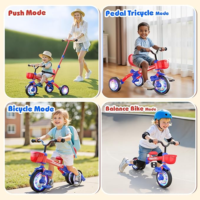 Kkdi 5 in 1 Toddler Bike for 1-5 Year Old, Tricycle with Push Handle, Convertible Baby Balance Bike, Bicycle, Color Light Wheel & Detachable Pedal, 4-Position Seat, Boys Girls Birthday Gift, Toy
