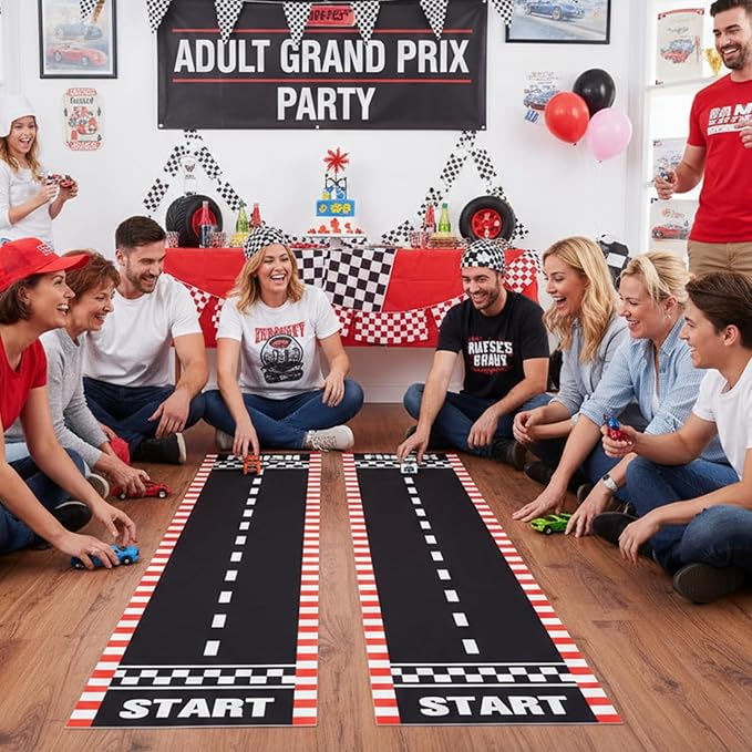 Fabbay 2 Pieces Racing Car Party Decorations 2 x 9. 8 ft Long Racetrack Floor Running Mat Drag Race Car Road Birthday Party Supplies Checkered Race Tracks Runway Party Supplies for Sport Event
