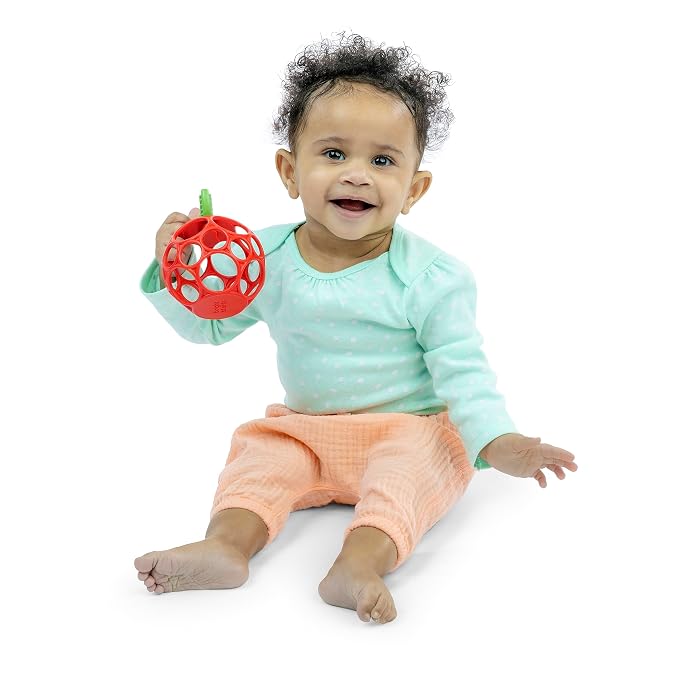 Bright Starts Oball Easy Grasp Red Apple Teether Toy, Hold My Own Collection, BPA Free, Unisex, Newborn and Up