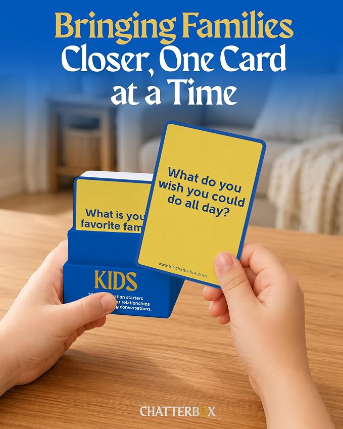 Chatterbox Conversation Cards for Kids, 200 Questions Designed for Kids and Children to Share, Connect and Enjoy Family Game Night, Family Reunion, Dinner Table, School Group Events & Road Trips