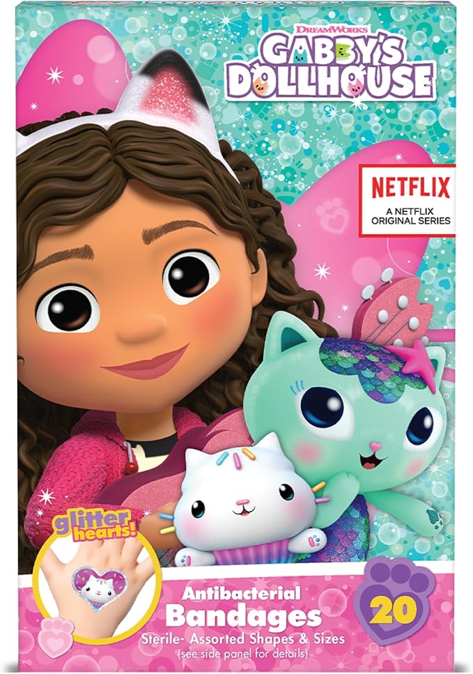 Gabby's Dollhouse Bandages, 3 Assorted Sizes 100 CT | Wear Like Stickers, Flexible Adhesive Bandages for Minor Cuts, Scrapes, and Burns, Great Gift Idea for Kids
