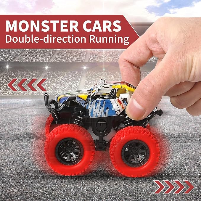 M SANMERSEN Monster Truck Toys for Kids, Friction Cars for Toddlers Push and Go 360° Rotating Stunt Car for 3+ Year Old Boys Girls Gifts (2 Pack - Red and Yellow)