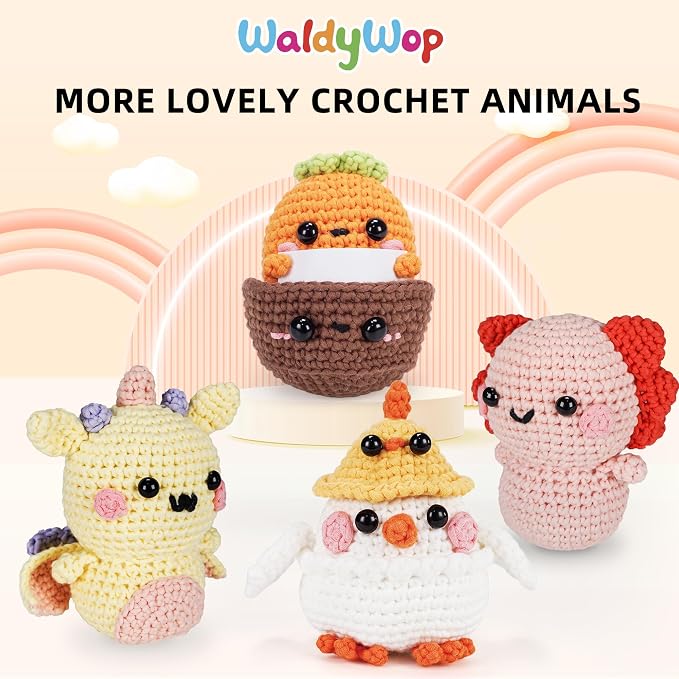 WaldyWop Beginner Crochet Kit: Wobbles Crocheting Starter Kits for Adults - Learn to Crochet Set w/Step-by-Step Video - Complete Knitting Kit, Easy Crochet Yarn, Birthday Gifts for Women