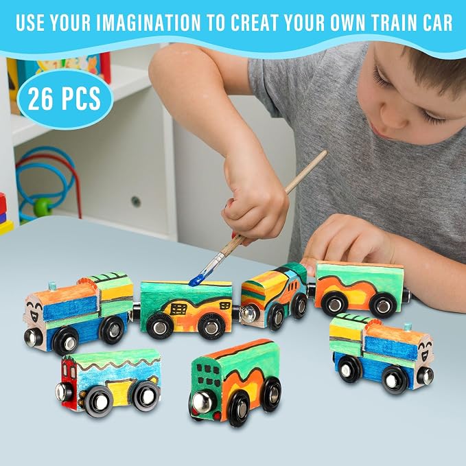 Lenwen 26 Pcs Unpainted Magnetic Wooden Trains Cars Unfinished Party Favors Wood Train Set for Birthday Party Supplies Paint Project Craft DIY Decorations(Classic Style)