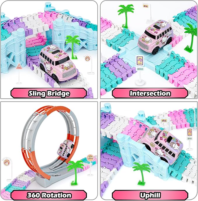 215 PCS Unicorn Race Tracks for Kids Toys, Glow in The Dark Magic Toy Set with 360° Loop Ramp, 1 Unicorn Car Track, Flexible DIY Track Set, Birthday Gift for 3-9 Year Old Boys Girls Toddlers