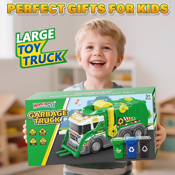 Large Garbage Truck Toy Set for Boys Ages 3 4 5 6 7 8, Kids Trash Truck with Sound, Light, Dumpster, Trash Bins and Learning Cards, Friction Powered Garbage Trucks Christmas Birthday Gifts for Toddler